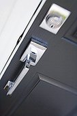 Black painted front door with chrome handle and lock