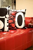 Graphic throw pillows on a red leather settee