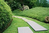 A stone path in the middle of a lawn