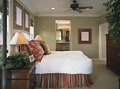 Traditional Bedroom with Light Green Walls and Red Accents