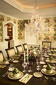 Traditional Dining Room with Floral Wallpaper