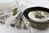 Elegant cutlery and crockery on table
