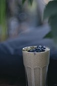 View of smoothie with seeds and blueberries