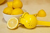 Bowl of lemons and lemon juicer on counter