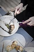 Close-up of woman eating fish with fork and table knife