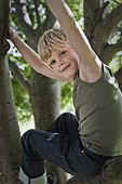Portrait of boy sitting on tree branch