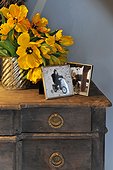Bunch of flowers and photographs on dresser