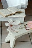 Book, flower and stool on tiled floor