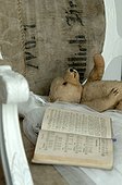 Lying teddy bear and old songbook