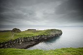 a rock ledge along the shoreline under dark clouds; papey island iceland