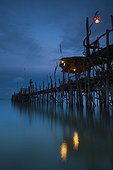 lights on a wooden pier leading out in the water at night; kho samet thailand
