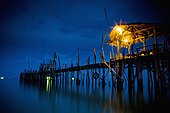 lights on a wooden pier leading out in the water at night; kho samet thailand