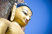 a buddhist statue of female likeness against a blue sky; kathmandu nepal