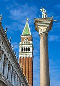 Bell tower and column with St. Theodore beside Marciana Library in St. Mark's Square; Venice, Veneto, Italy