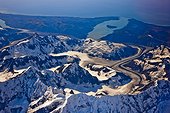 Aerial view of Coastal Mountains and glaciers north of Juneau, Southeast Alaska, Summer
