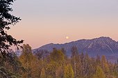 The full moon sets over the foothills of the Alaska Range as seen from the Veterans Memorial in Denali State Park, Southcentral Alaska, Autumn