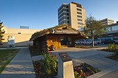 The Anchorage Visitors Center and log cabin in downtown Anchorage, Southcentral Alaska, Summer