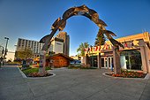 The Anchorage Visitors Center and log cabin in downtown Anchorage, Southcentral Alaska, Summer