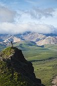 Senior man stands on a rock outcrop at Polychrome Pass with Alaska Range in the background, Denali National Park & Preserve, Interior Alaska, summer