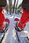 Close-up wide angle shot looking through a person's legs from the back while wearing red gaiters and red snowshoes