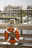 Life preserver hanging on dock on Bald Head Island, North Carolina.