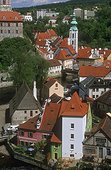 Aerial view of buildings and rooftops Cesky Krumlov Czech Republic