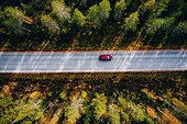 Aerial View Of Road In Beautiful Autumn Forest In Rural Finland.