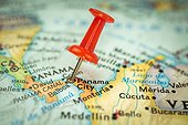 Location Panama City In Panama, Red Push Pin On The Travel Map, Marker And Point Close-Up, Tourism And Trip Concept, North America