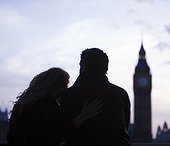 UK, London, Silhouette of young couple, Big Ben in background