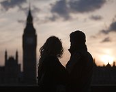 UK, London, Silhouette of young couple, Big Ben in background