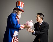 Uncle Sam stealing a piggy bank from a businessman