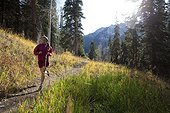 A woman trail running through the woods of Solitude ski resort.