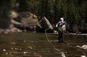 A man fly fishes in the Poudre River, near Picnic Rock.