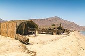 Straw huts for accommodation on beach during daytime, Nuweiba, Southern Sinai, Egypt