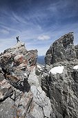 Mountain climber at summit of Mount Rundle, Banff National Park, Kananaskis Country, Alberta, Canada