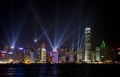 Hong Kong laser show. China, Hong Kong, view of Hong Kong Island and Central District across Victoria Harbour during the nightly laser show