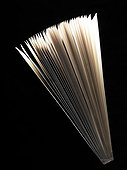 Top view of book with pages fanning out. Still life of pages of a book fanning out as it standing lightly open