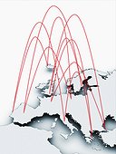 A map of Europe. Various cities are connected with red lines