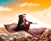 Businessman fly on magic carpet in the sky over city