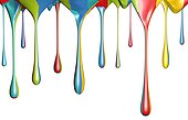various colored drops dripping down against white background