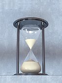 chrome hourglass stands in front of a concrete wall, 3d illustration