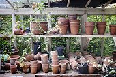 Gardeners shed with pots and shelves