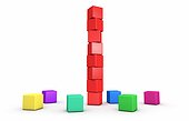 stack of building blocks forming a red tower, white background
