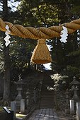 A shimenawa is a straw rope with white zigzag paper strips (shide). It marks the boundary to something sacred and can be found on torii gates, around sacred trees and stones, etc.