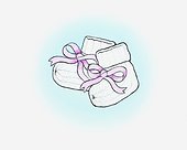 Illustration of knitted white wool booties tied with pink ribbon bows