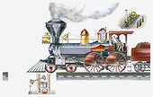 Illustration of steam train and smaller images of Rocket steam locomotive and mechanism of Thomas Newcomen's engine