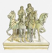 Illustration of marble statue of Mausolus and Artemisia of Caria in horse-drawn chariot, on top of Mausoleum of Halicarnassus