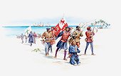 Illustration of Christopher Columbus and sailors landing on West Indies island shore