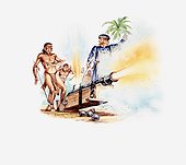 Illustration of Christopher Columbus firing a cannon with Taino tribesmen standing nearby