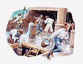 Illustration of sailors pumping and bailing water out of 15th or 16th century ship